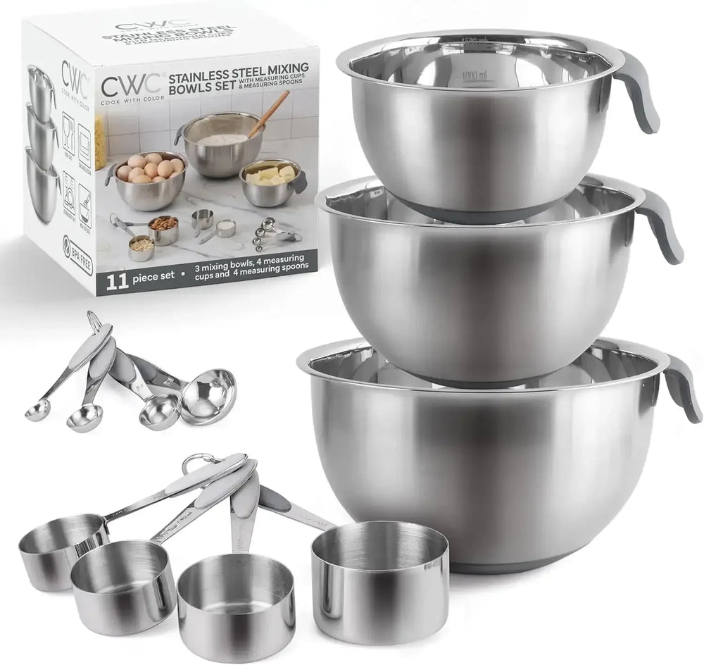 COOK WITH COLOR Stainless Steel Mixing Bowls Set and Measuring Cups- Nesting Bowls with Non-Slip Bottom and Easy-Grip Handles, 11 Pieces - USA MEGA SHOP