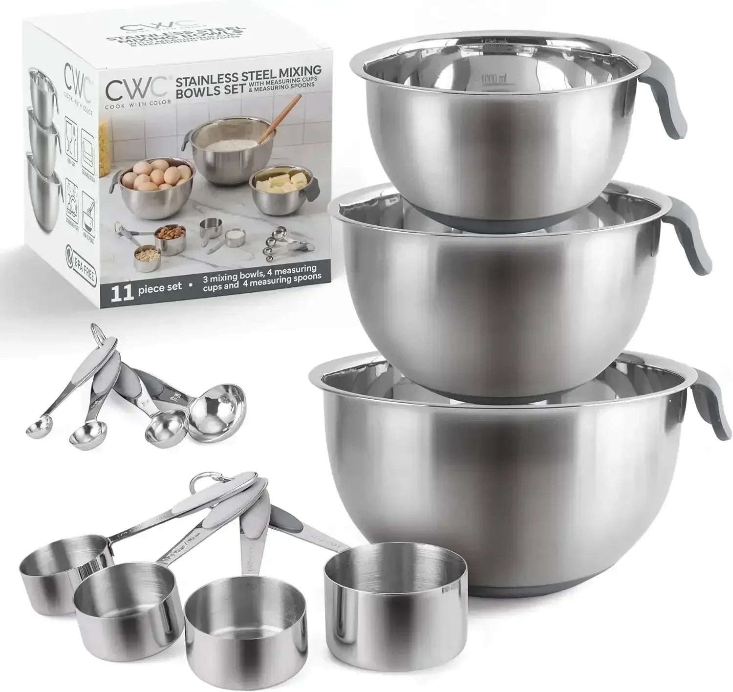 COOK WITH COLOR Stainless Steel Mixing Bowls Set and Measuring Cups- Nesting Bowls with Non-Slip Bottom and Easy-Grip Handles, 11 Pieces