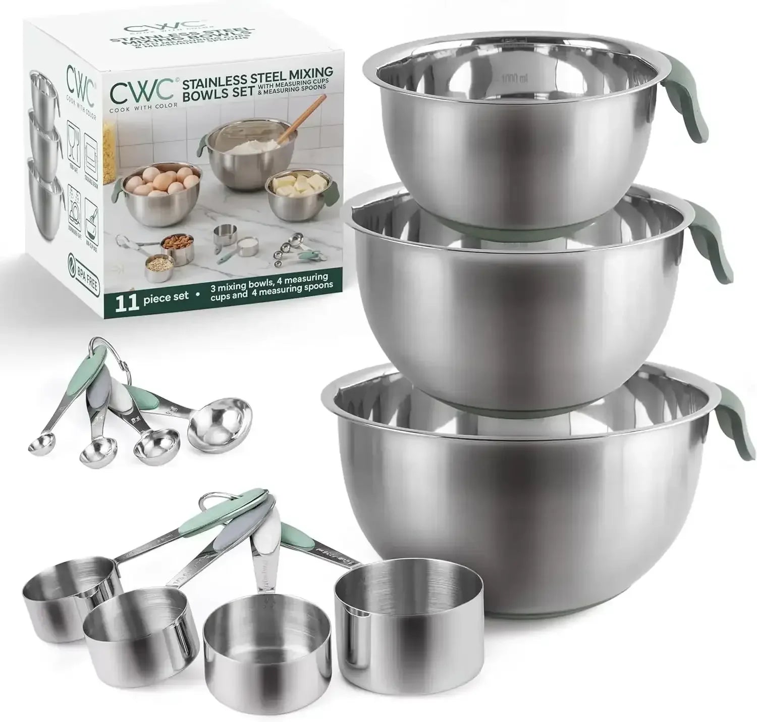 COOK WITH COLOR Stainless Steel Mixing Bowls Set and Measuring Cups- Nesting Bowls with Non-Slip Bottom and Easy-Grip Handles, 11 Pieces - USA MEGA SHOP
