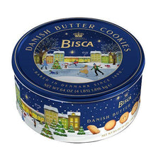 Round blue Danish butter cookie tin with Bisca logo and holiday street illustration