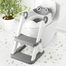Potty training toilet seat with frog backrest, grey ladder step, and white base