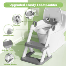 Potty training toilet seat with frog face backrest and grey handles on ladder