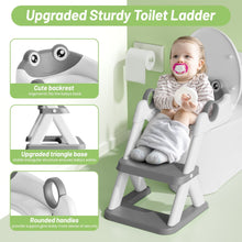 Potty training toilet seat with frog backrest, grey ladder, and toddler seated