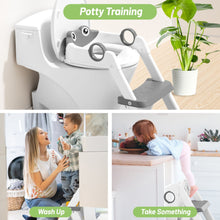 Potty training toilet seat with frog backrest and grey ladder step mounted on toilet