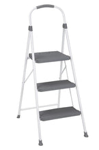 3-step step stool with white frame and three gray standing platforms