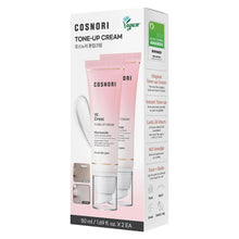 Tone-up cream retail box showing two pink tubes and side feature panel