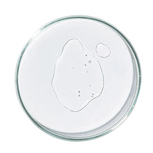 Niacinamide serum texture in glass dish, pale gel with outlined drop