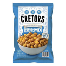 Cheese and caramel popcorn mix bag with kernels pictured