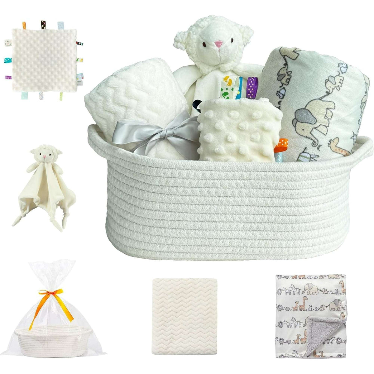 CREVENT Baby Gift Set Storage Basket with 2 Baby Blanket,1 Security Blanket,1 Taggie,1 Gift Bag with Ribbon, Blue, Unisex, 5Items