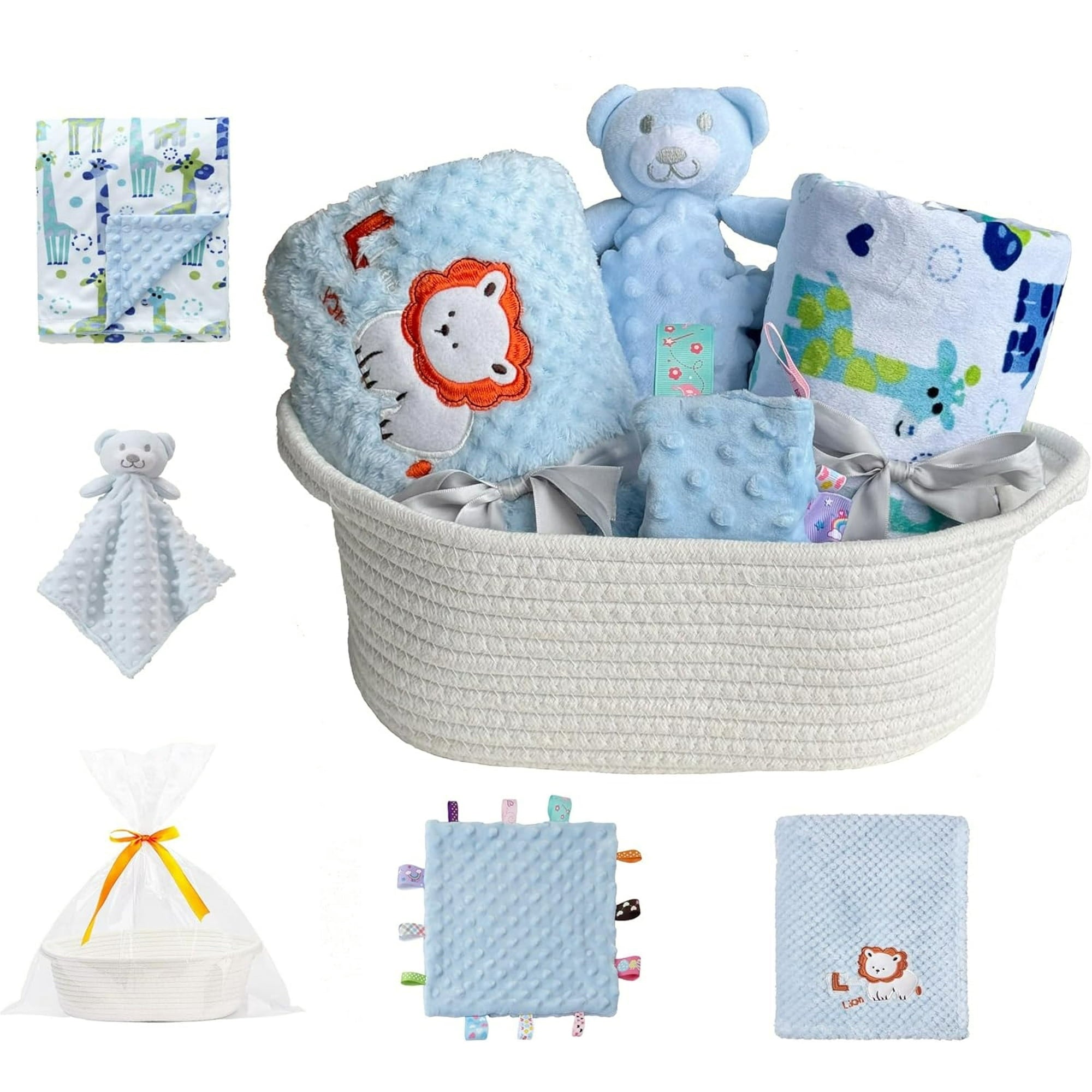 CREVENT Baby Gift Set Storage Basket with 2 Baby Blanket,1 Security Blanket,1 Taggie,1 Gift Bag with Ribbon, Blue, Unisex, 5Items