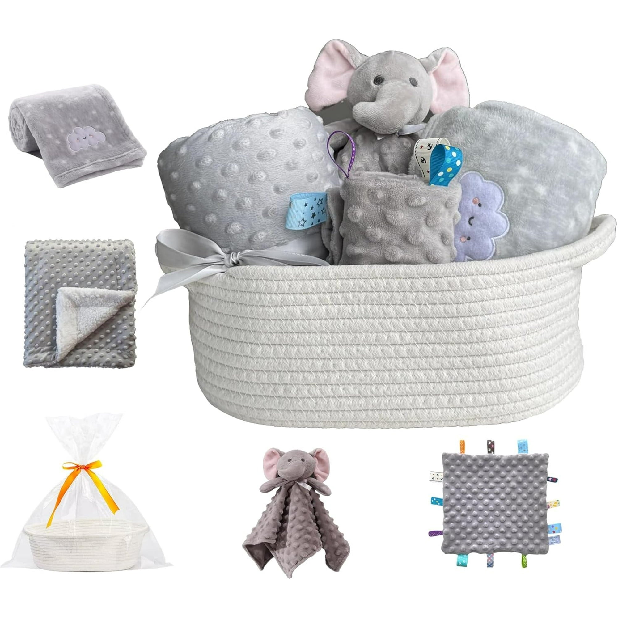 CREVENT Baby Gift Set Storage Basket with 2 Baby Blanket,1 Security Blanket,1 Taggie,1 Gift Bag with Ribbon, Blue, Unisex, 5Items
