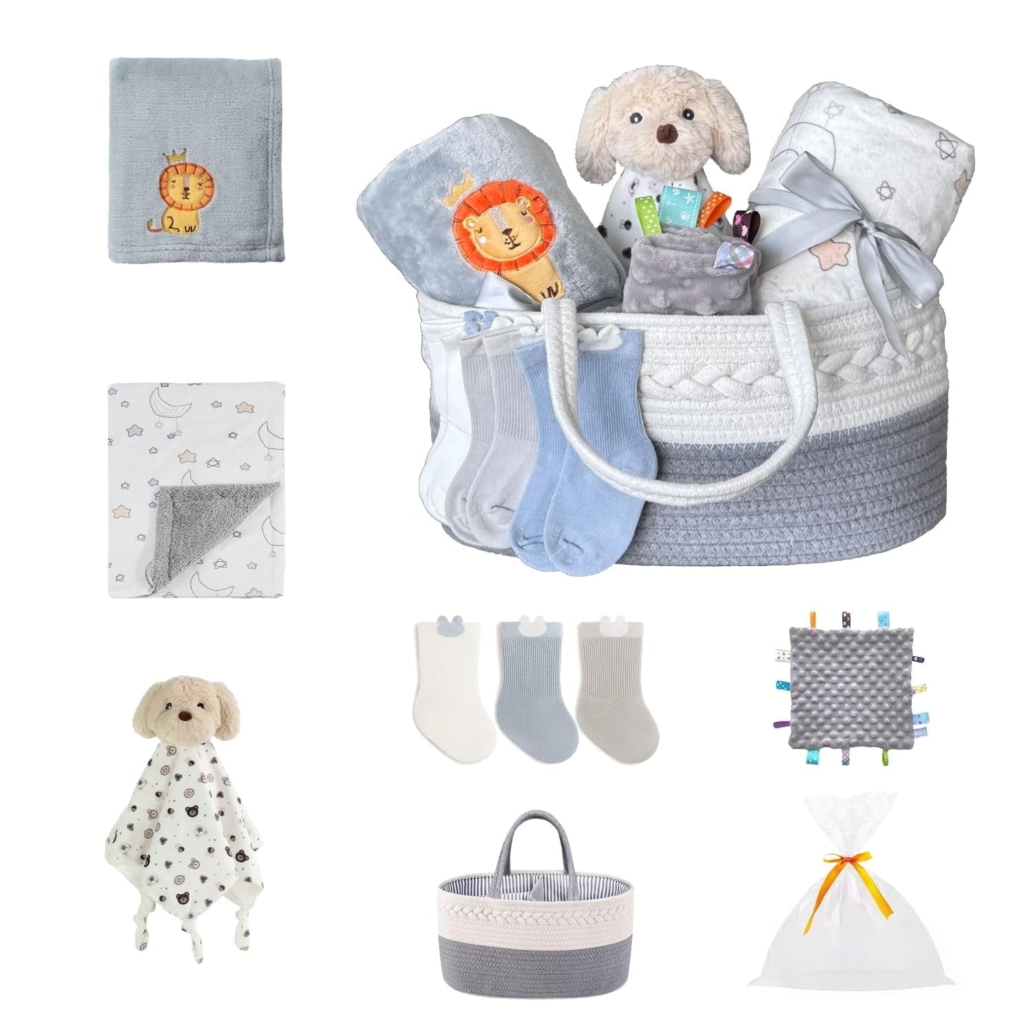 CREVENT Baby Gift Set Storage Basket with 2 Baby Blanket,1 Security Blanket,1 Taggie,1 Gift Bag with Ribbon, Blue, Unisex, 5Items