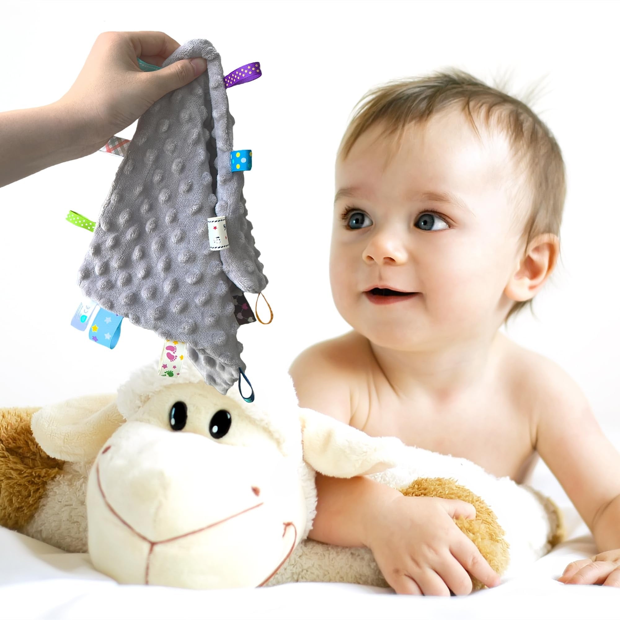 CREVENT Baby Gift Set Storage Basket with 2 Baby Blanket,1 Security Blanket,1 Taggie,1 Gift Bag with Ribbon, Blue, Unisex, 5Items