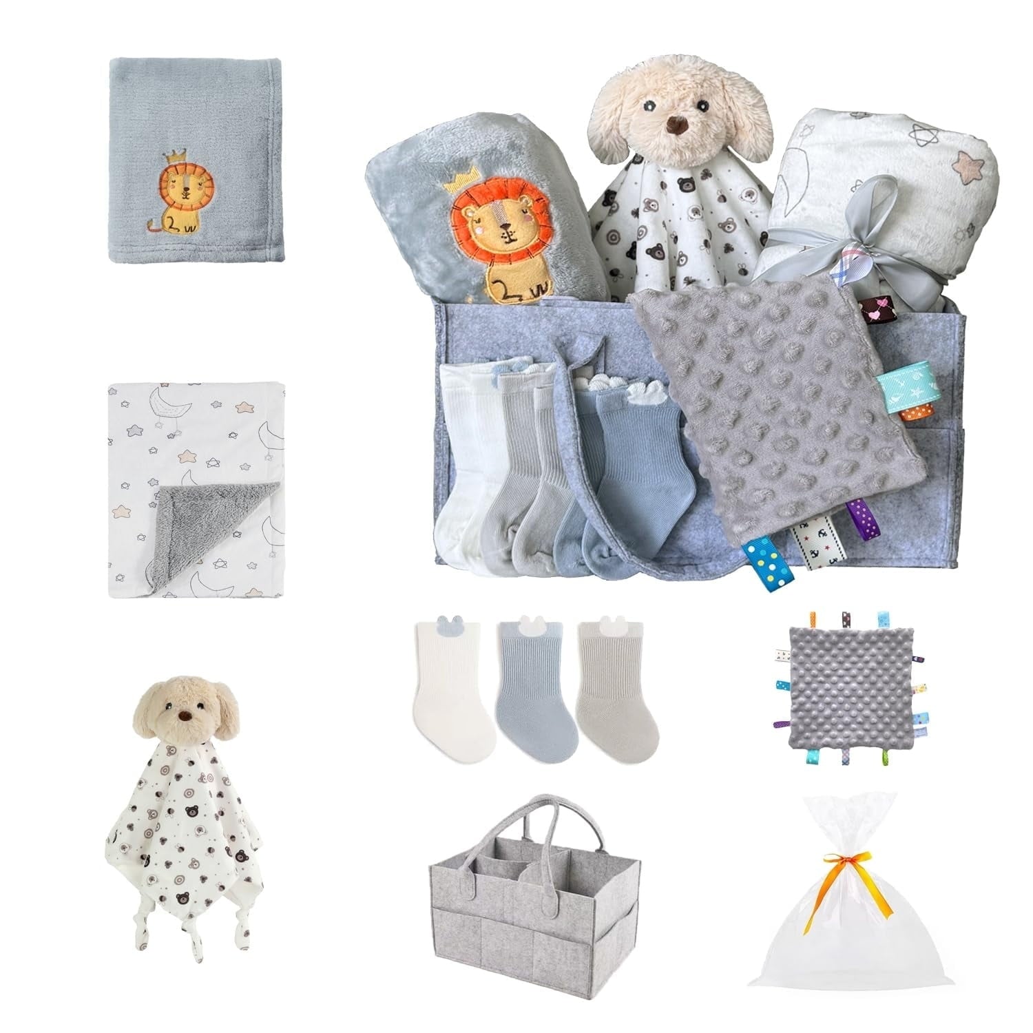 CREVENT Baby Gift Set Storage Basket with 2 Baby Blanket,1 Security Blanket,1 Taggie,1 Gift Bag with Ribbon, Blue, Unisex, 5Items