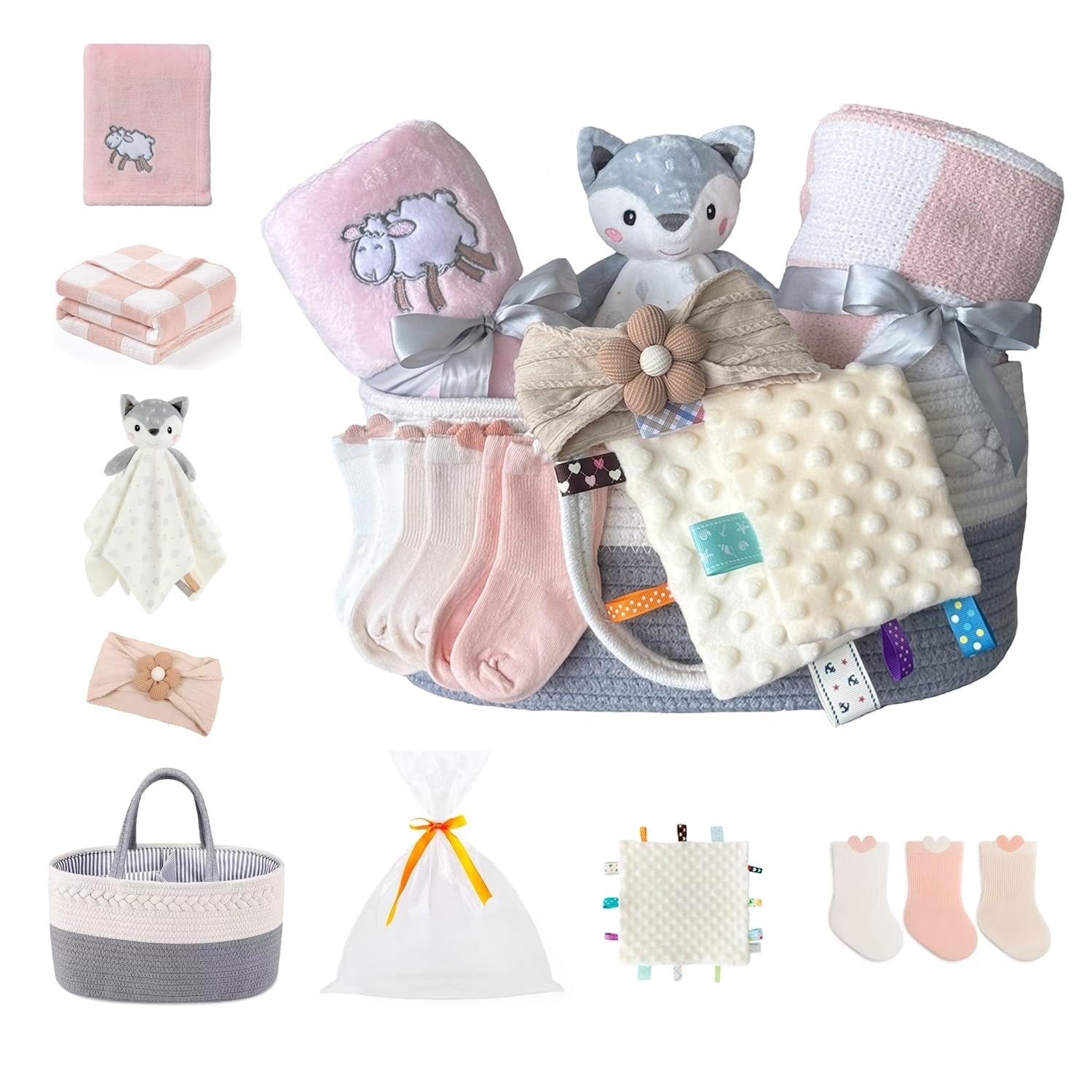 CREVENT Baby Gift Set Storage Basket with 2 Baby Blanket,1 Security Blanket,1 Taggie,1 Gift Bag with Ribbon, Blue, Unisex, 5Items