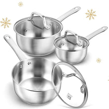 Stainless steel saucepan set with lids and long handles, 6-piece cookware set.