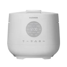 Front view of white CUCKOO 6-cup rice cooker with digital display and buttons