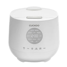 CUCKOO 6-cup rice cooker with front digital display and white exterior