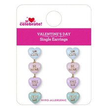 Carded single heart charm earring set: UR CUTE, BE MINE, KISS ME, TEXT ME