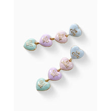 Pair of dangling pastel heart charm earrings with gold links and UR CUTE, BE MINE, KISS ME
