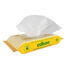 Caboo unscented flushable bamboo wipes pouch with one wipe pulled up