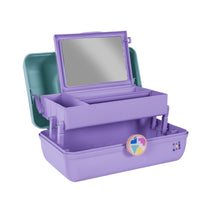 Purple hard-shell makeup case with open lid, mirror, and interior compartments