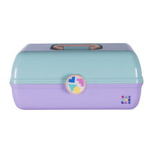 Mint and purple plastic vanity case with carry handle and round logo badge