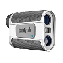 CaddyTek golf laser rangefinder in gray and white with dual lenses and buttons