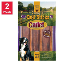 Dog chew treat pack, 9–12 in bull sticks, Cadet 12-pack, purple bag