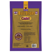 Dog chew treat pack back, 9–12 in bull sticks, Cadet 12-pack, purple bag