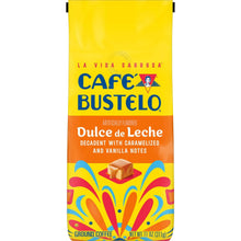 Ground coffee bag with Dulce de Leche flavor, yellow packaging, front view