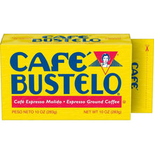 Cafe Bustelo ground coffee brick, espresso-style dark roast, front label close view