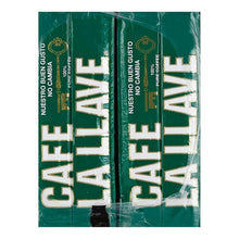 Espresso coffee bags, green packaging with repeated Cafe La Llave text