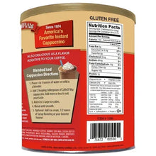Instant cappuccino mix canister back label with Nutrition Facts and gluten-free badge