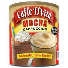 Instant mocha cappuccino mix canister with mocha drink and foam graphics
