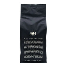 Black whole bean coffee bag with back text and CaffeVita.com branding