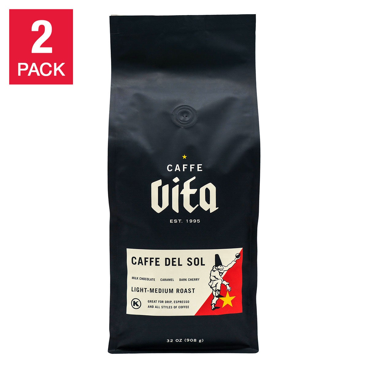 Caffe Vita Coffee Caffe Del Sol Blend Whole Bean, Medium Roast, 2 lb. bags, 2-pack