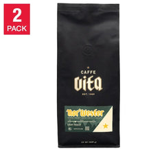 Ground coffee bag, dark black with Caffe Vita logo and Nor'Wester light roast label
