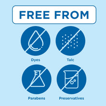 “Free from” ingredient icons for dyes, talc, parabens, and preservatives