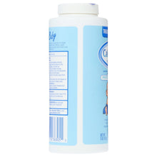 Baby powder bottle side view with boxed label and barcode area