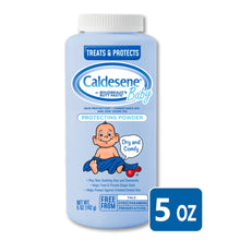 Light blue baby powder bottle with white cap and blue label, 5 oz size