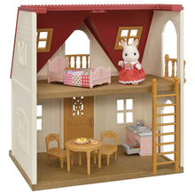 Cozy dollhouse playset with red-roof cottage, bunny figure, bed, table, chairs, and ladder