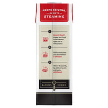 Cafe almond milk carton with professional steaming instructions and step icons