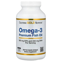 Omega-3 premium fish oil softgel bottle with front label and California Gold Nutrition branding