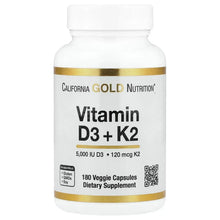 Vitamin D3 + K2 supplement bottle label, 180 veggie capsules