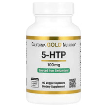 5-HTP supplement bottle, 100 mg, 90 veggie capsules label