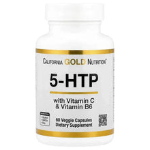 5-HTP supplement bottle, California Gold Nutrition label with Vitamin C and B6
