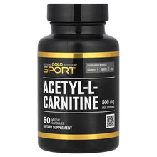 Acetyl-L-carnitine 500 mg supplement bottle, black with gold trim, 60 veggie capsules