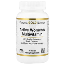 Active Women’s multivitamin supplement bottle, white with gold band and front label