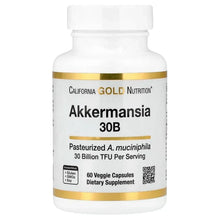 California Gold Nutrition Akkermansia 30B bottle with gold label and 60 veggie capsules